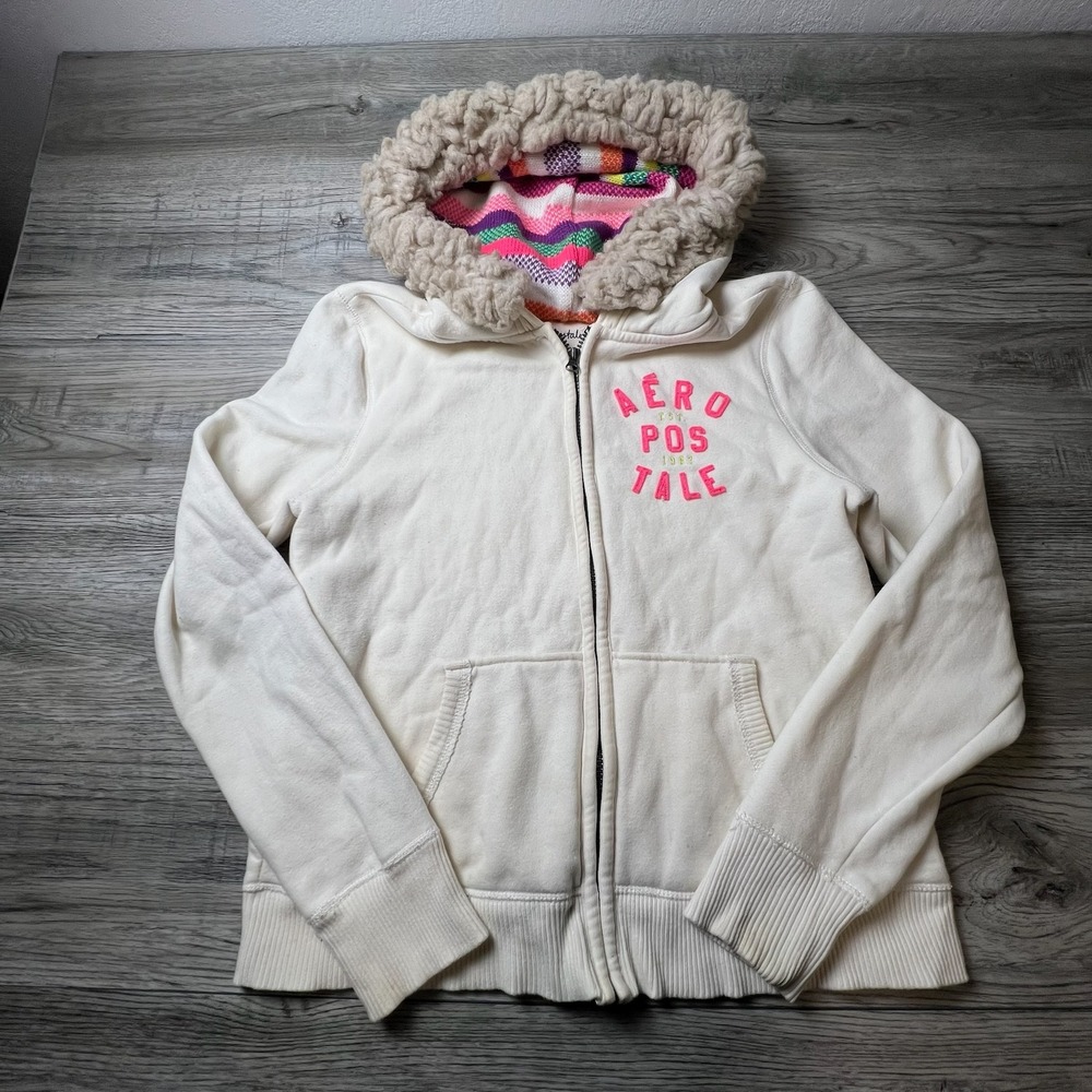 Aeropostale Hoodie Women XL Cream Pink Faux Fur Trim Full Zip Y2K Sweatshirt